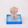 A striking candle shaped like the back of a headless male torso, featuring smooth, lifelike skin tones and well-defined muscles. The candle is positioned on a vibrant blue acrylic base, which adds a pop of color and enhances its artistic appeal. A small white wick peeks from the top, indicating its functional purpose. This unique design not only serves as a centerpiece but also provides a warm, inviting glow when lit, perfectly embodying the essence of sensual candles. The minimalist background highlights the candle's intricate details, making it an eye-catching addition to any romantic setting.