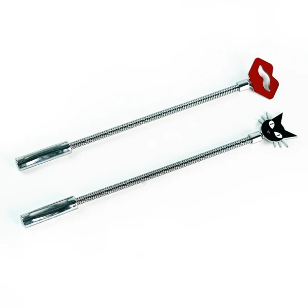 Two beginner role play paddles made of stainless steel are displayed against a clean white background. The top paddle features a vibrant red lip shape, while the bottom paddle has a playful black cat face with white whiskers. Both paddles have sleek, shiny handles and are connected to textured metallic shafts, making them visually appealing and perfect for those new to role play.