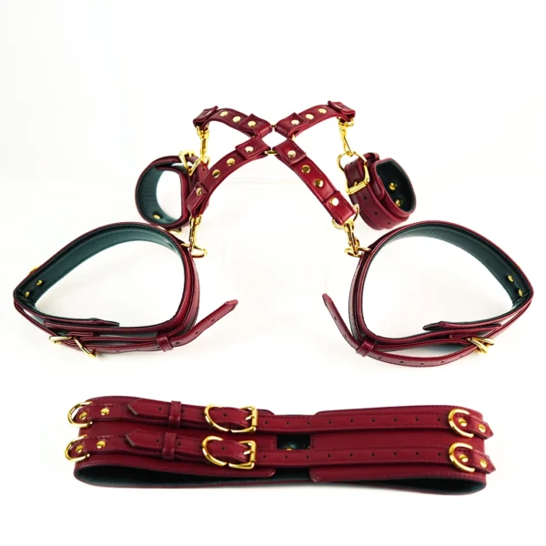A stylish set of bed restraints set featuring a luxurious burgundy harness made from soft, high-quality leather. The harness is designed with adjustable straps, gold metal buckles, and elegant detailing, creating a refined look. Attached to the harness are matching wrist cuffs, showcasing the same rich color and gold accents. Below, a set of connecting straps lies flat, highlighting their sturdy construction and functionality. Displayed against a clean white background, this eye-catching ensemble combines elegance with playfulness, making it a striking addition for those exploring bed restraints set in an intimate setting.