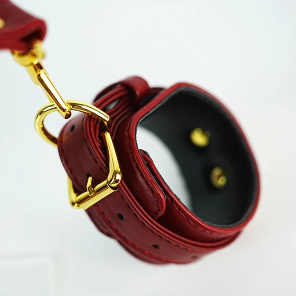 An elegant set of bed restraints set showcasing a deep burgundy leather harness and wrist cuffs. The harness features a crisscross design with decorative gold hardware and adjustable straps, providing both style and functionality. The wrist cuffs are lined with soft black padding for comfort and are secured with gold buckles, ensuring a snug fit. Laid out against a clean white background, the entire ensemble radiates sophistication, making it a striking piece of bed restraints set for those looking to explore their intimate experiences with a blend of luxury and playfulness.
